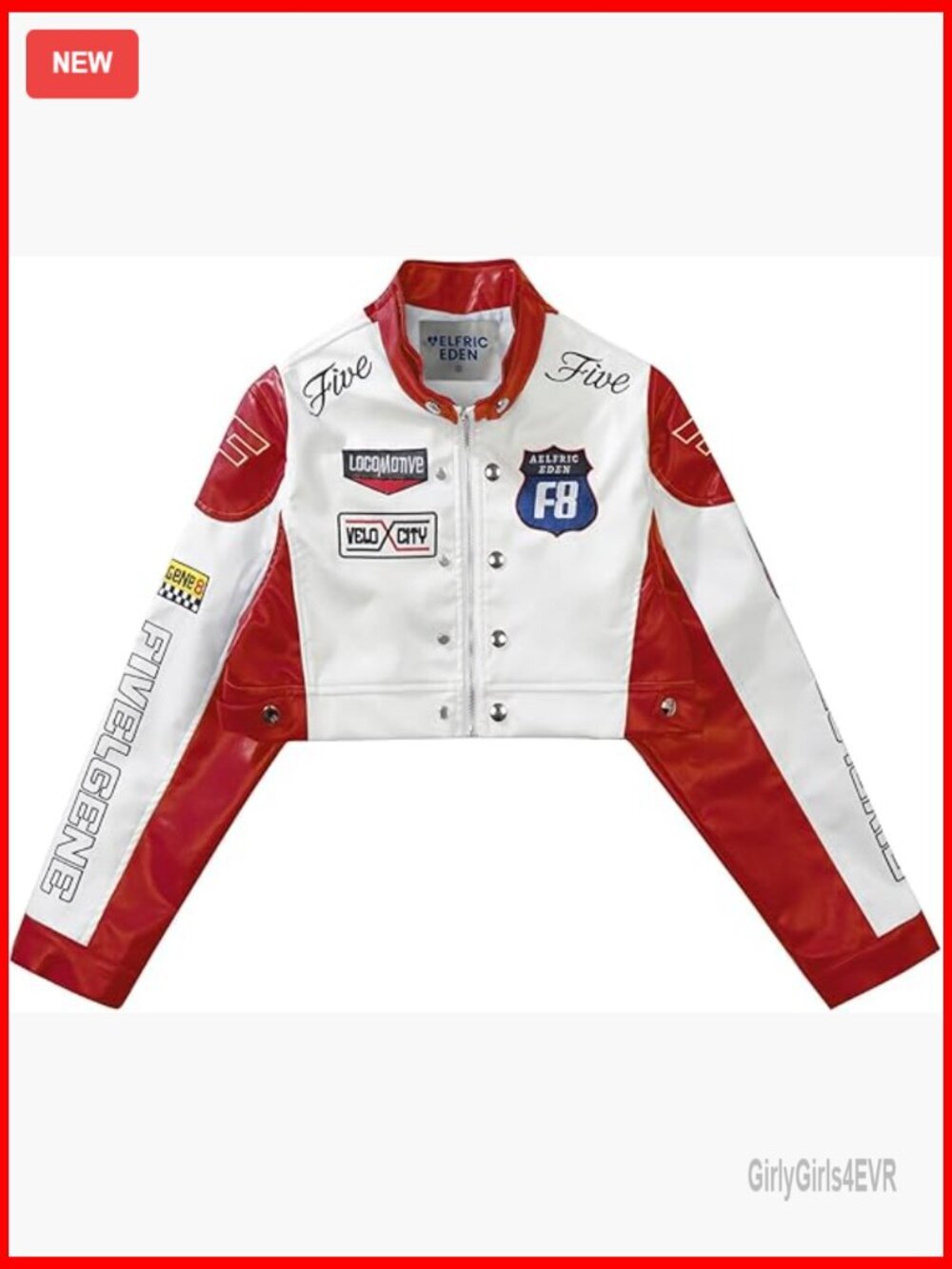 Cropped Faux Leather Moto Jacket with Embroidery, Zipper Closure, Four Pockets